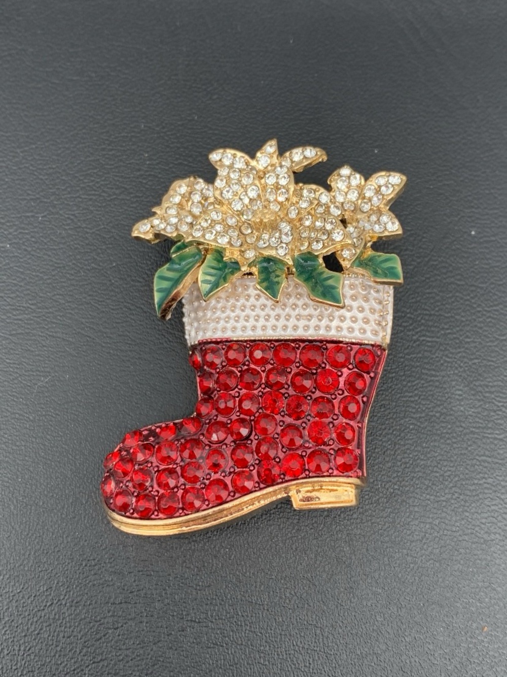 Vintage Napier Gold-Tone Red Crystal Holiday Christmas Boot Brooch Green Leaves
